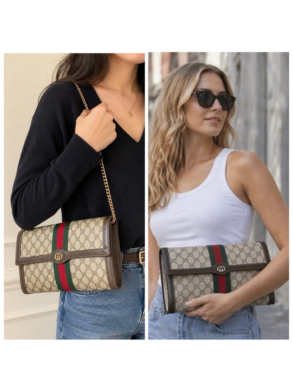 Gucci Beige GG Supreme Canvas Clutch with Green-Red Web Crossbody